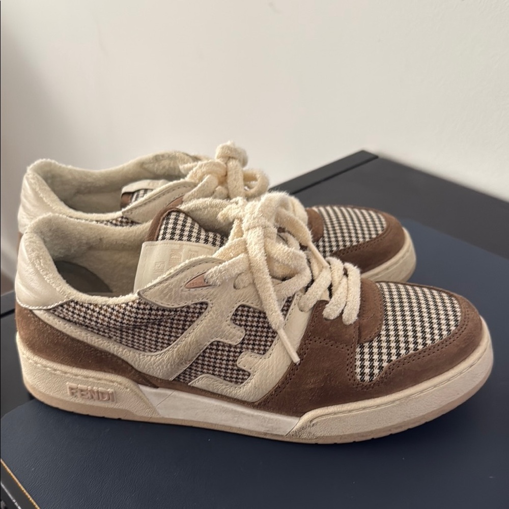 Fendi Match Houndstooth Brown and Cream Sneakers, size 40.5